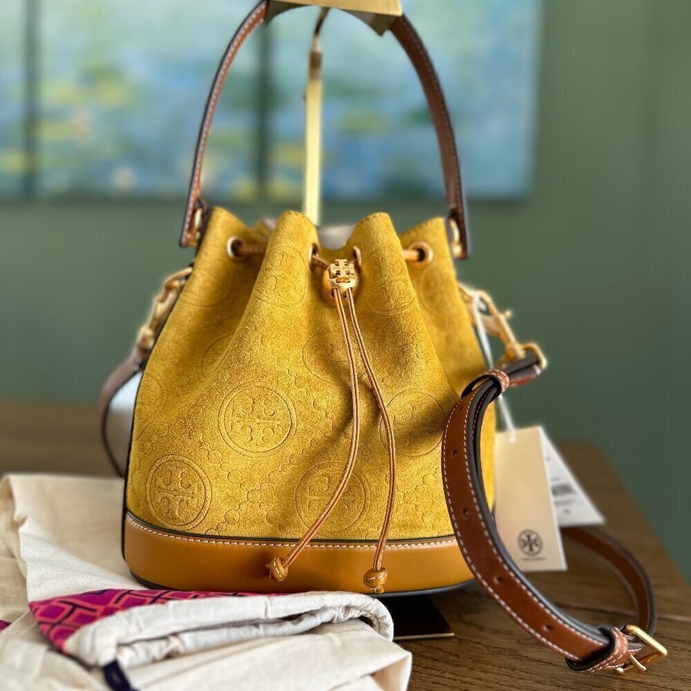 NWT! NEW! Tory Burch T-Monogram SUEDE EMBOSSED Bucket -large(Deep Sunflower)